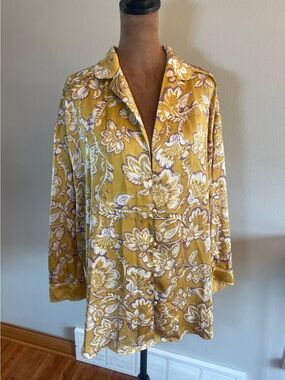 Free People “Dreamy Days” Floral Satin Pajama Top - Mustard Yellow & White